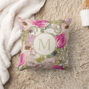 Pink Floral Sage Green Leaves Monogram Initial Cushion