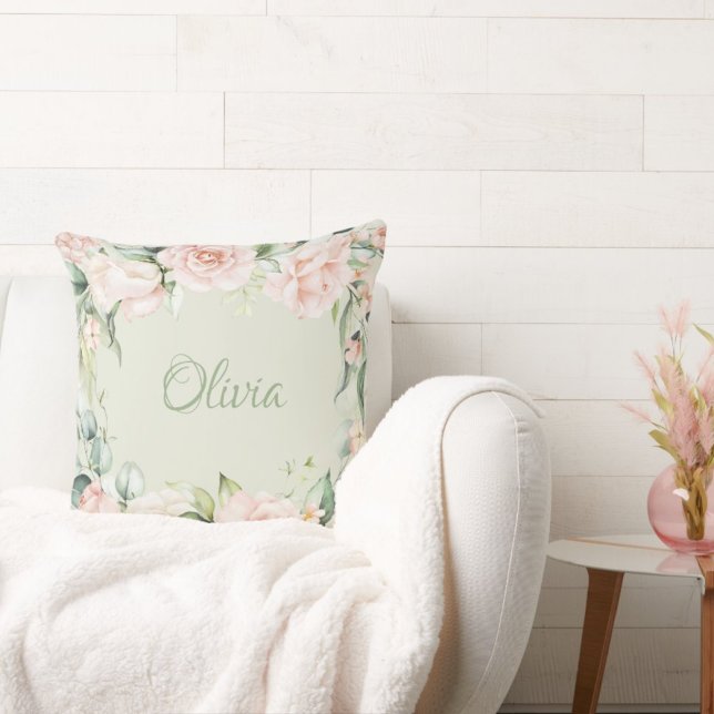 Pink Floral Sage Green Watercolor Name Baby Girl Cushion (Creator Uploaded)