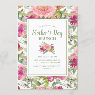 Pink Floral Sage Green White Mother's Day Brunch Invitation