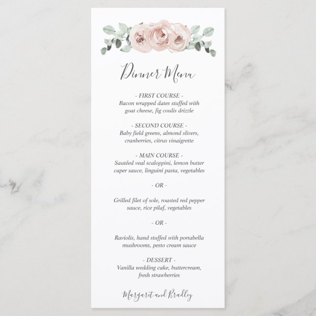 Pink Floral Sage Greenery Dusty Rose Wedding Menu (Front)