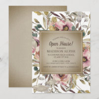 Pink Floral Sage Leaf Rustic Graduation Open House