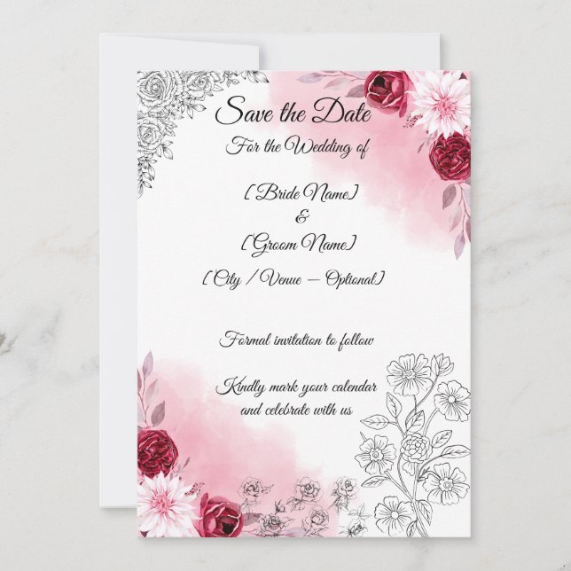 Pink Floral Save the Date Card | Romantic  (Front)
