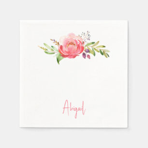 Pink Floral Script Name  Baby Shower White Napkin