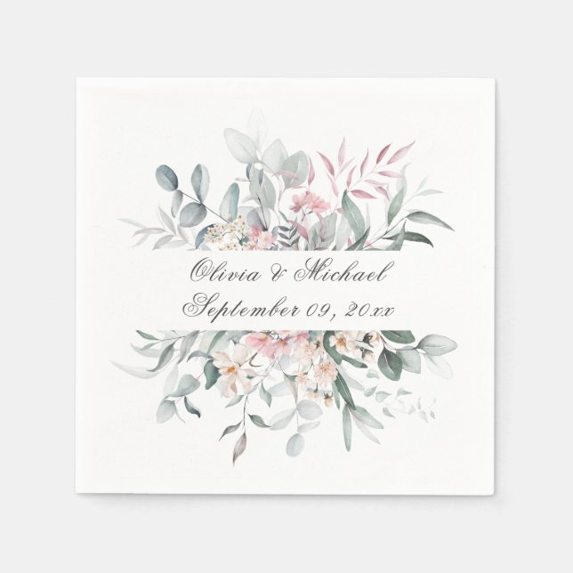 Pink Floral Script Name Wedding Napkins (Front)