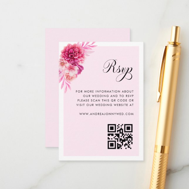 Pink Floral Script QR Code Simple Wedding RSVP Enclosure Card (Front/Back In Situ)
