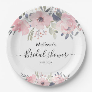 Pink Floral Script Rustic Bridal Shower Paper Plate