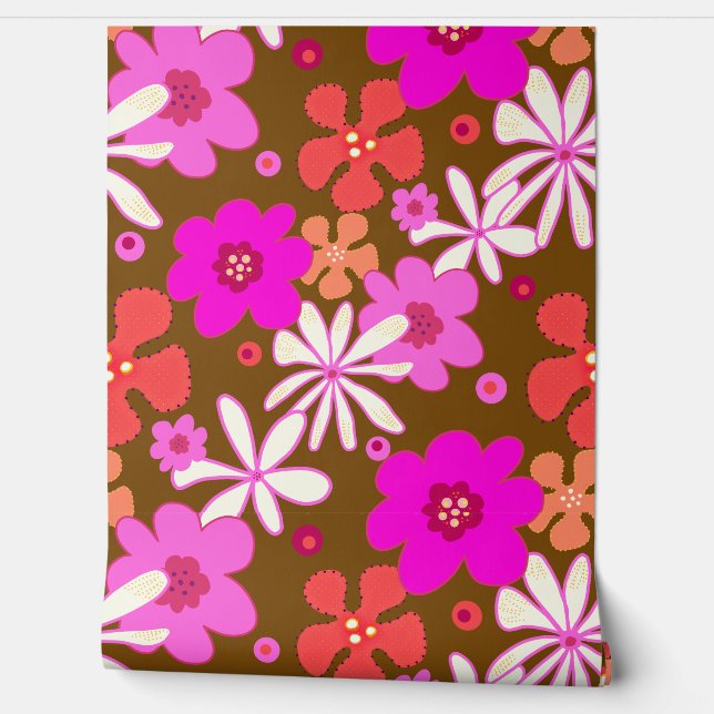 Pink Floral Seamless Art on Brown Wallpaper (Unrolling)