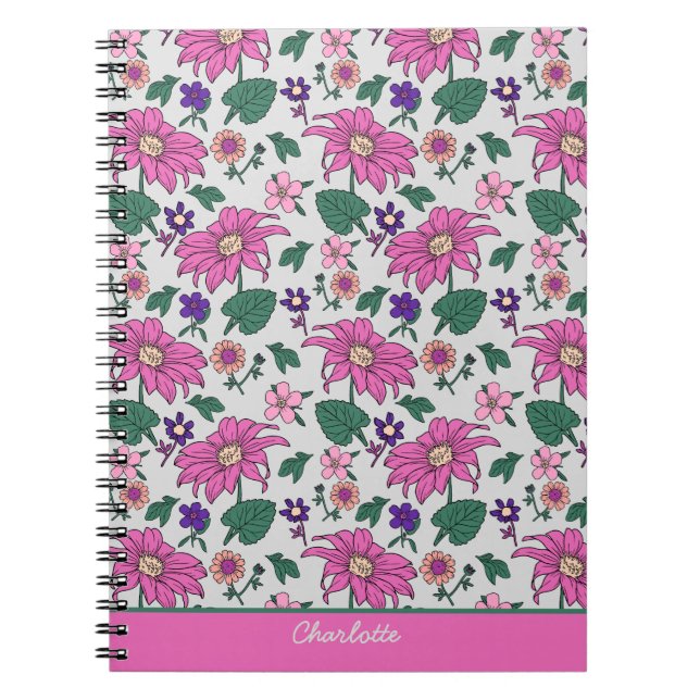 Pink floral seamless pattern personalised name  notebook (Front)