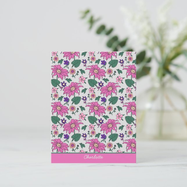 Pink floral seamless pattern personalised name  postcard (Standing Front)
