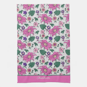 Pink floral seamless pattern personalised name tea towel