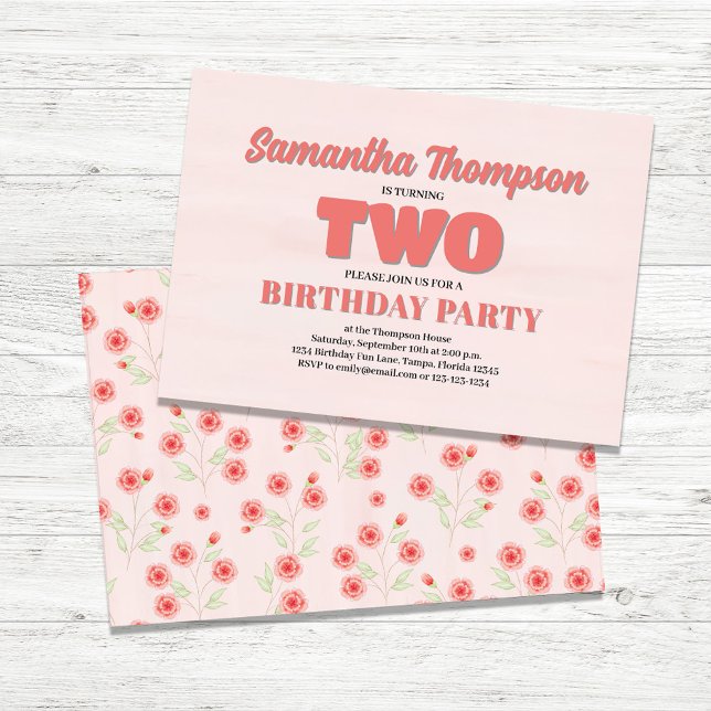 Pink Floral Second Birthday Girl Party Template (Second Birthday Girls Custom Party Invitations.)