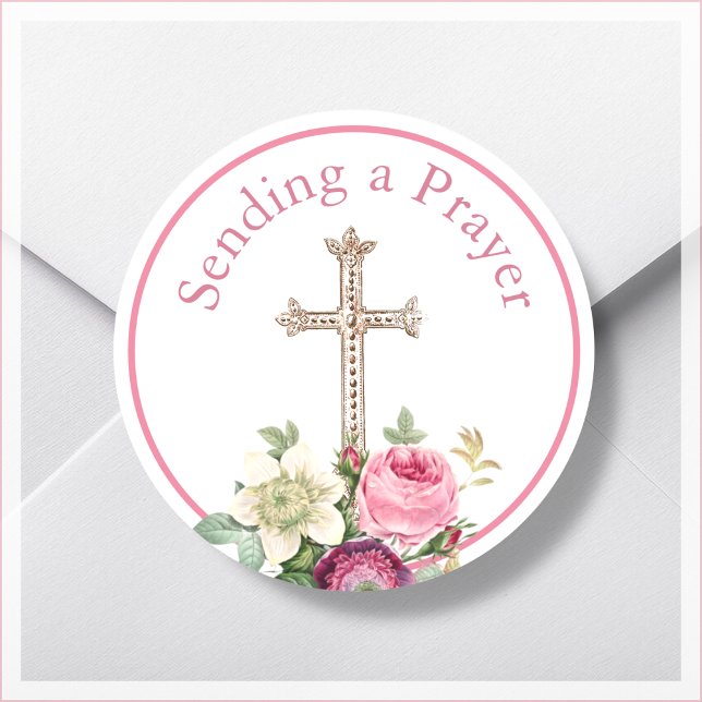 Pink Floral Sending a Prayer Religious   Classic Round Sticker (Creator Uploaded)