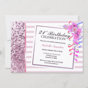 Pink Floral Sequins Stripes 21st Birthday Party Invitation