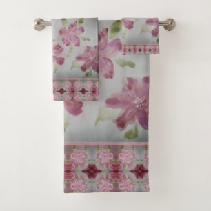 Pink Floral Shabby Chic Watercolour Bath Towel Set