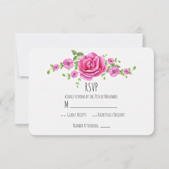 Pink Floral Shabby Chic Wedding RSVP Card (Front)