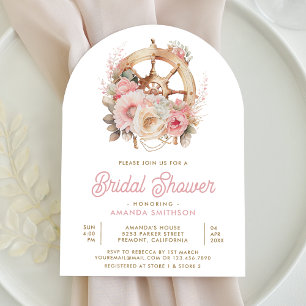 Pink Floral Ship Wheel Nautical Arch Bridal Shower Invitation