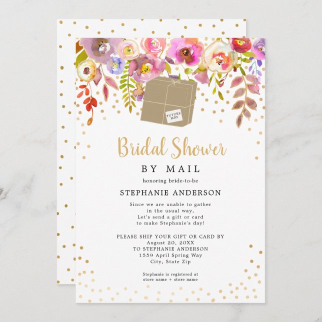 Pink Floral + shipping box Bridal Shower by mail Invitation (Front/Back)