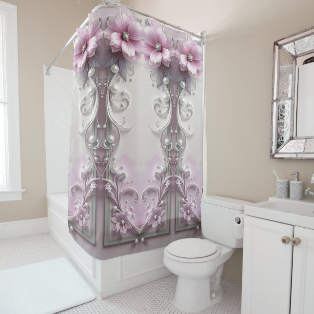 Pink Floral Shower Curtain (In Situ)