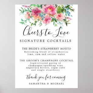 Pink Floral Signature Cocktails Wedding Bar Sign
