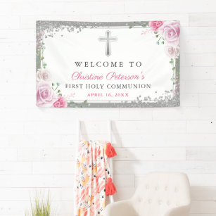 Pink Floral Silver First Holy Communion Welcome Banner