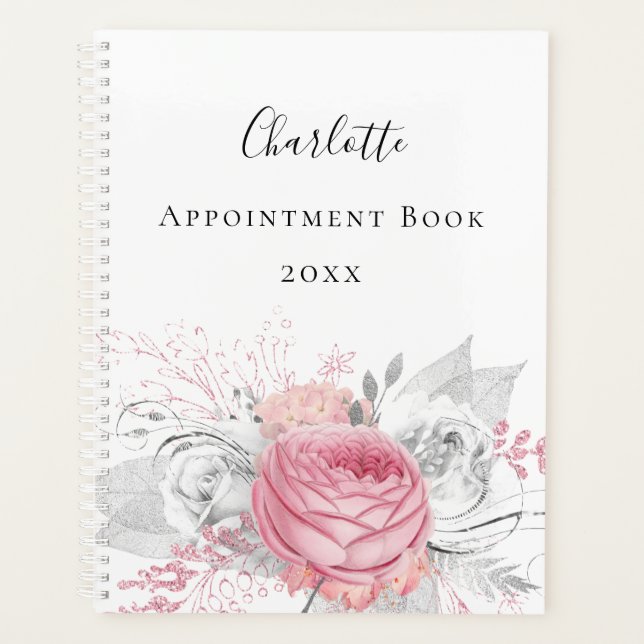 Pink floral silver foliage white name script planner (Front)