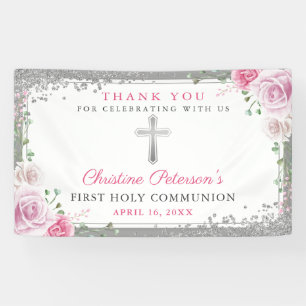 Pink Floral Silver Glitter First Holy Communion Banner