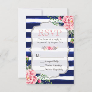 Pink Floral Silver Glitter Navy Blue Stripes RSVP