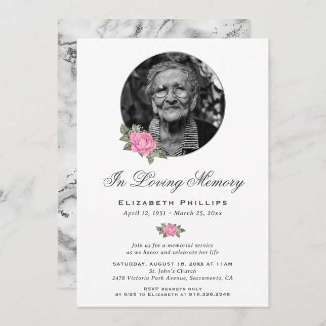 Pink Floral Silver Marble Photo Memorial Service Invitation (Front/Back)