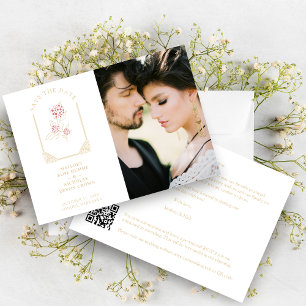 Pink Floral Simulated Dome Arch Wedding in Gold Save The Date