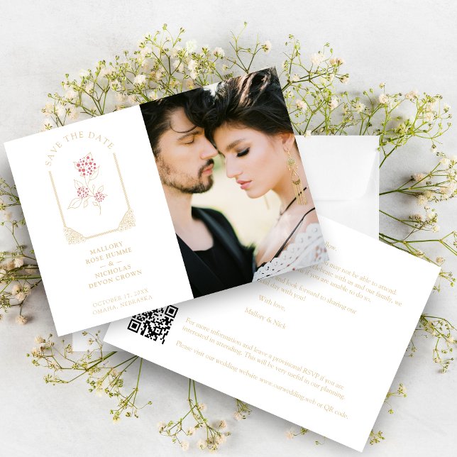 Pink Floral Simulated Dome Arch Wedding in Gold Save The Date (Pink Floral Simulated Dome Arch Wedding in Faux Gold Photo in White background Save the Date Card.)