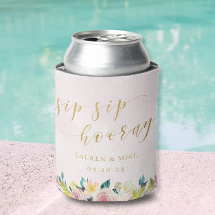Pink Floral Sip Sip Hooray Bridal Shower Wedding Can Cooler