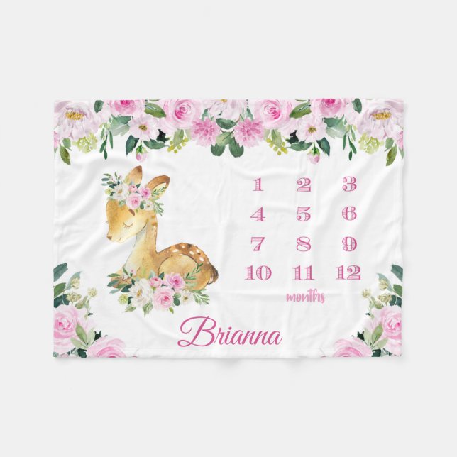 Pink Floral Sitting Deer Monthly Milestone Baby Fleece Blanket (Front (Horizontal))
