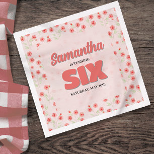 Pink Floral Sixth Birthday Girl Custom Party Napkin