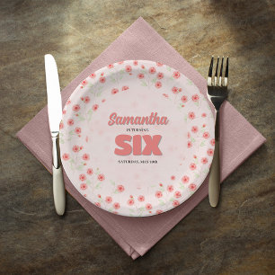 Pink Floral Sixth Birthday Girl Party Custom Paper Plate