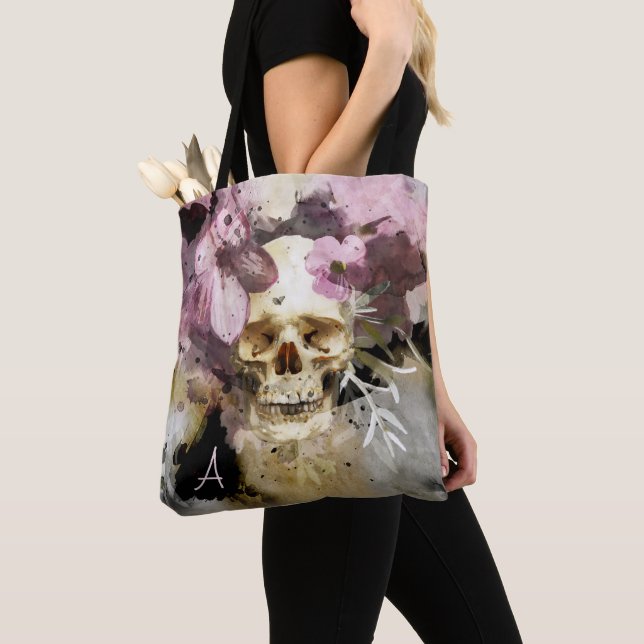 Pink Floral Skull Abstract Art with Monogram Tote Bag (Close Up)