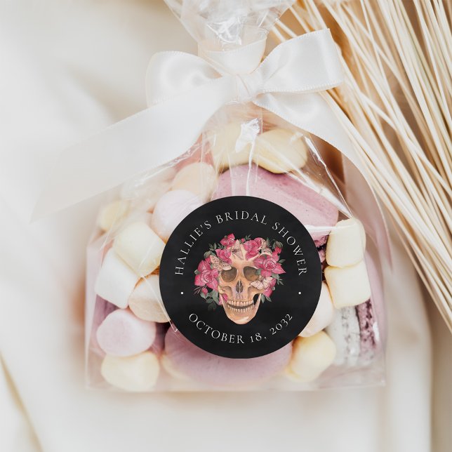 Pink Floral Skull Halloween Bridal Shower Favour Classic Round Sticker (Creator Uploaded)