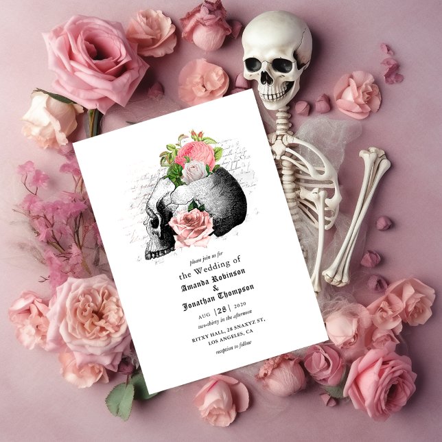 Pink Floral Skull Halloween Gothic Wedding Invitation (Creator Uploaded)