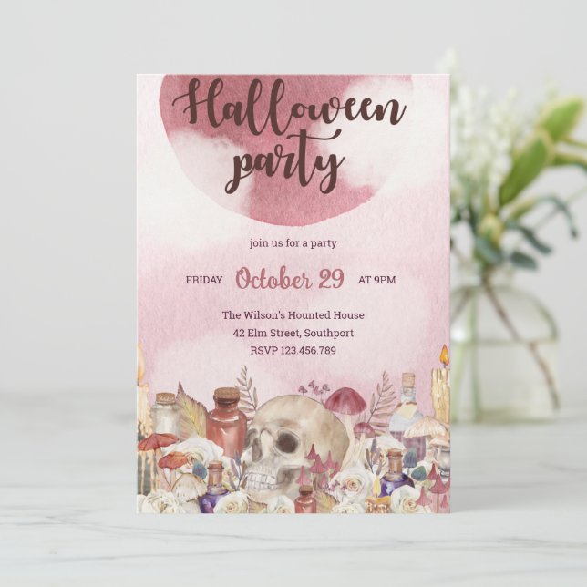 Pink Floral Skull Halloween Party Invitation (Standing Front)