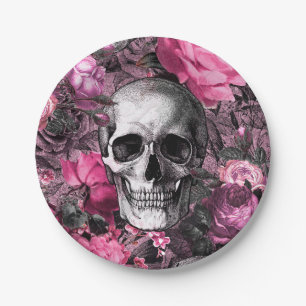 Pink Floral Skull Paper Plate