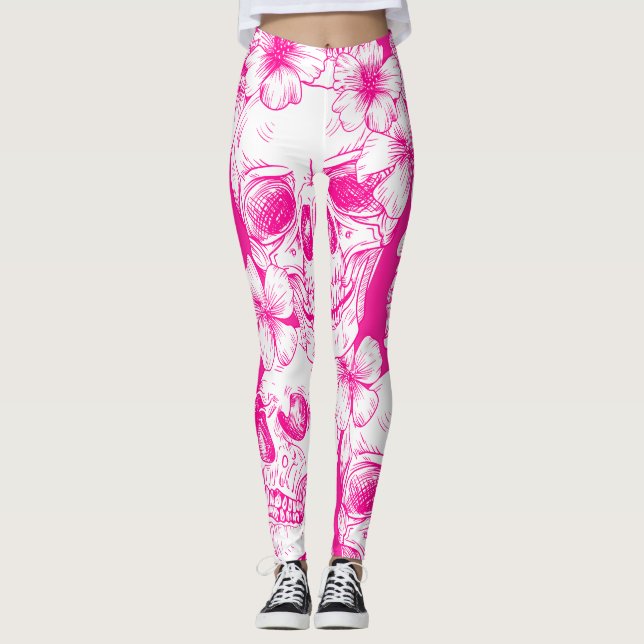 pink floral Skulls Leggings (Front)