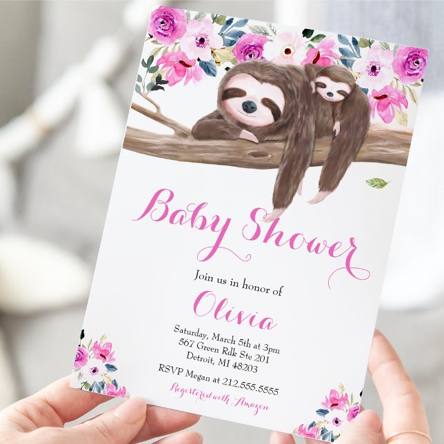 Pink Floral Sleepy Sloth and Baby Shower Invitation (Creator Uploaded)