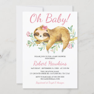 Pink Floral Sloth Baby Shower Invitation