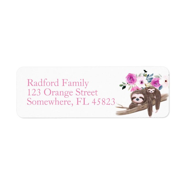 Pink Floral Sloth Return Address Label (Front)
