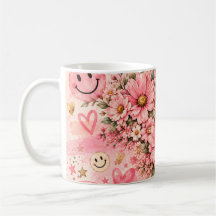 Pink Floral Smiley Face Retro Aesthetic Coffee