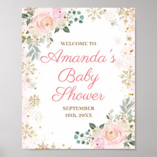 Pink Floral Snowflakes Winter Baby Shower Welcome Poster