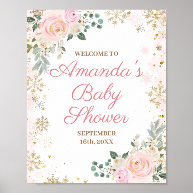 Pink Floral Snowflakes Winter Baby Shower Welcome Poster (Front)