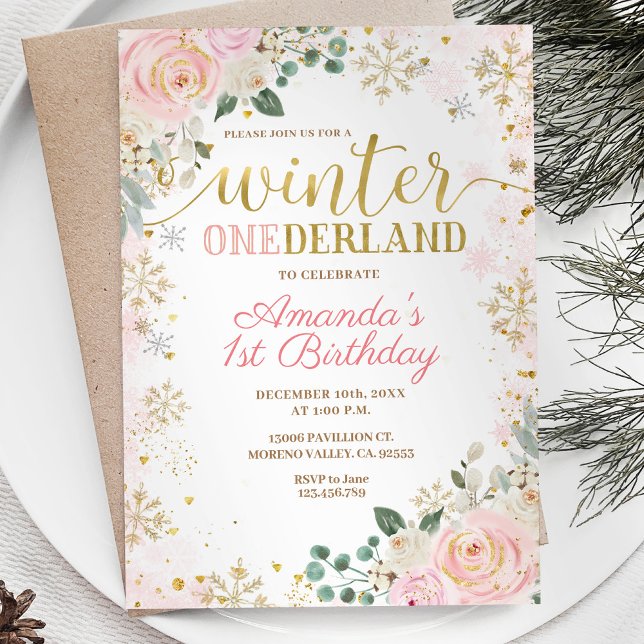 Pink Floral Snowflakes Winter Onederland Birthday  Invitation (Creator Uploaded)