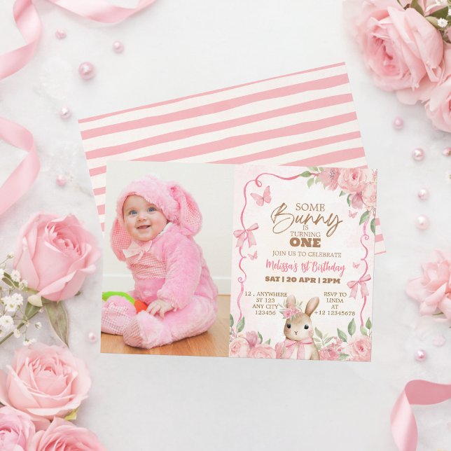 Pink Floral Some Bunny First Birthday Photo Invitation (Creator Uploaded)