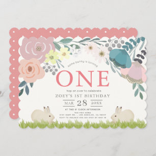 Pink Floral Some Bunny Girl 1st Birthday Invitation