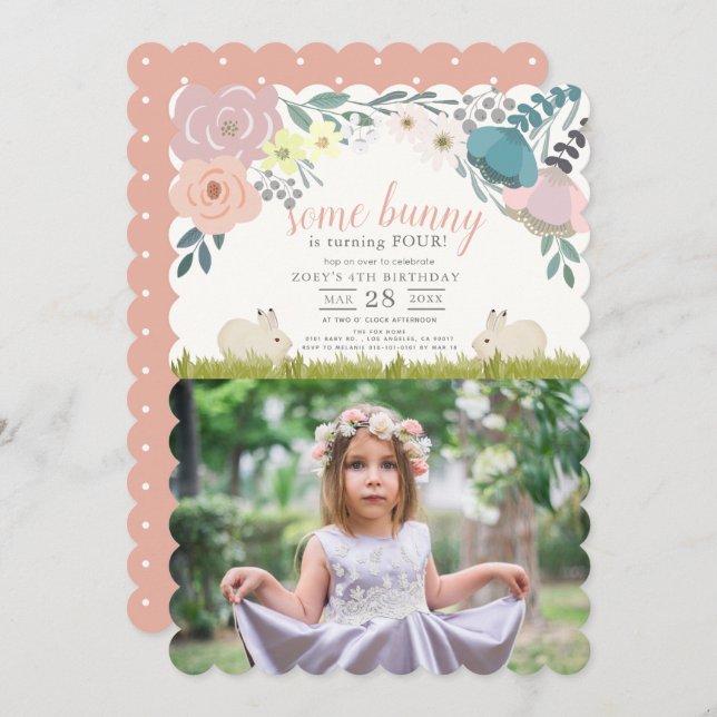 Pink Floral Some Bunny Girl Photo Birthday Invitation (Front/Back)